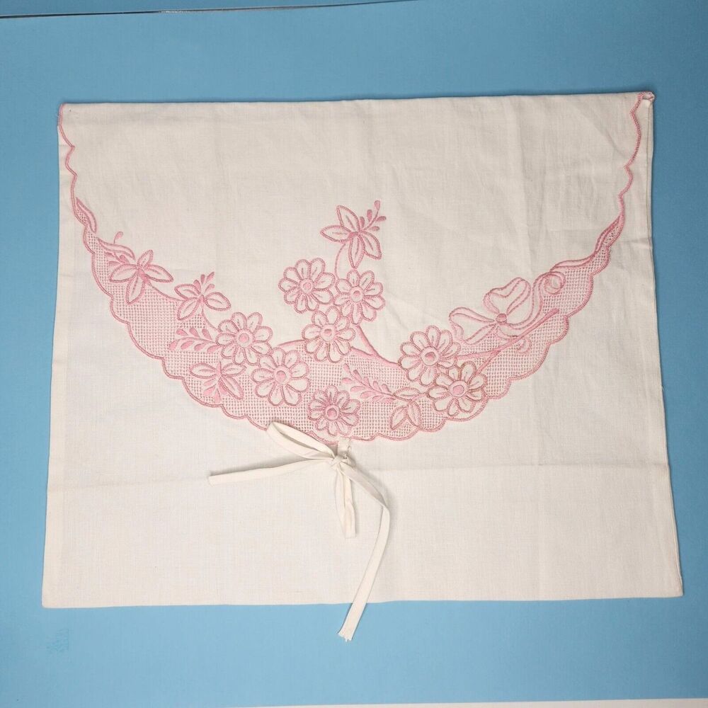 Pillow Cover Embroidered Pink White Foldover Pocket Case with Tie‎ 14x17